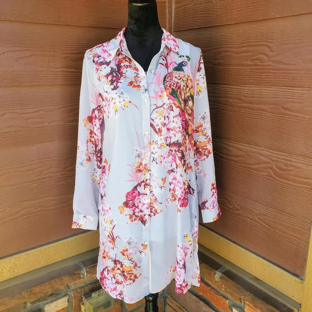 Dennis Basso Women's Printed Chiffon Button Down Duster and Tank Set Size 4 NWOT